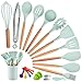 Utensilios de Cocina de Silicona y Madera, Espátula, Cuchara, Espátula de Drenaje, Pinzas Para Alimentos, Pinzas Para Pasta, Frasco de Almacenamiento, 5 Cucharas Medidoras y Ganchos-14 piezas