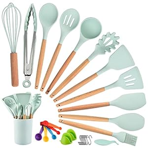 Kitchen Utensil Set, Silicone Cookware 33 Pieces, Heat-Resistant Kitchen Set with Wooden Handles Spatula, Easy to Clean Non-Stick Cookware, Suitable for Kitchen Beginners and Professionals (Green)