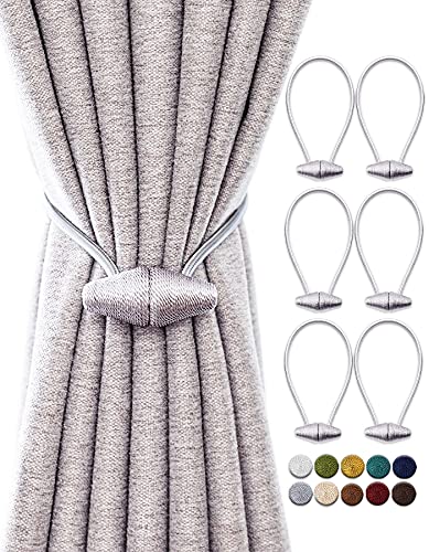 TECVINCI Magnetic Curtain Tiebacks with Upgrade Larger Magnet, 6 Pack 16 Inch Drapery Holdbacks for Indoor & Outdoor Curtain - Silver Grey