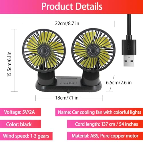 Car Cooling Fan, 12V/24V 360° Adjustable Dual Head Cooling Air Fan Brushless Motor Low Noise Automobile Vehicle Fan Micro for Car/SUV/RV/Truck/Boat Use (with Coloured Light)