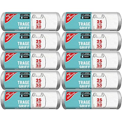 Gut & Günstig Müllbeutel/Mülltüten mit Tragegriff, 25 Liter, 30 Stück pro Rolle, Reißfest & Flüssigkeitsdicht, Produkt & Verpackung recyclebar (10er Pack) Cover
