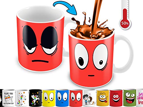 Cortunex Heat Changing Mug  11 Oz Ceramic Color Changing Coffee Mug  Funny Coffee Mug With Funny Red Wake Up Cartoon Smiley Face  Novelty Color Changing Mug
