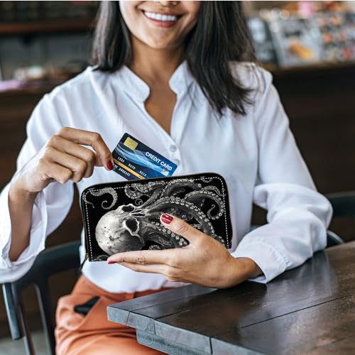 Women Wallets Large Capacity Clutch Purse for Men Women Ladies Slim Purse Credit Card Holder, RFID Blocking Wristlet Cell Phone Wallet for Men Women, Octopus Skull3
