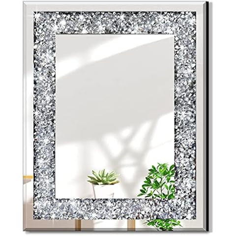 qmdecor Rectangle Sparkling Decorative Wall Mirror for Home Decoration with Silver Crystal Crush Diamond Décor, Dimention16x20x1 inch, Wall Hang Frameless Mirrors Glass Diamond Décor Cover