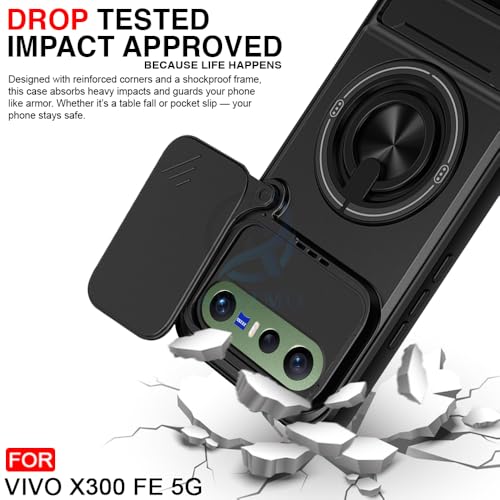 Image of AESTMO Vivo X300 FE 5G Back Cover | Armor Camera Slider 360 Degree Rotating Finger Ring Holder Case with Bracket Stand Back Case Cover (Compatible with MagSafe Accessories) (Black)