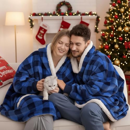 Nvatorfox 5FT Oversized Wearable Blanket Hoodie Flannel Sherpa Fleece Warm Cozy Christmas Wrap Throw Gifts for Adult (Black Blue) - image 2