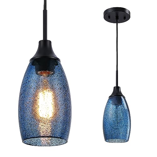 Sponsored Ad - Mini Glass Pendant Light 1-Pack Handblown Clear Dark Blue Seeded Glass Shade Adjustable Cord Ceiling Light Fixture for Kitchen Island Sink 4.72"