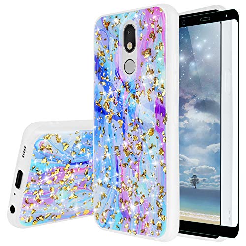 TJS Phone Case Compatible with LG Stylo 5/LG Stylo 5 Plus/LG Stylo 5V/LG Stylo 5X, [Full Coverage Tempered Glass Screen Protector] Shiny Glitter Back Skin Full Body Soft TPU Rubber Bumper (Colorful)