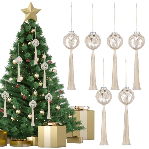 Marsui 6 Pieces Macrame Christmas Ball Ornaments Boho Wall Snowflake Woven Decorations Christmas Tree Hanging Crafts for Party Bedroom Kitchen Indoor(White)