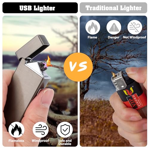 LcFun Electric Lighters Rechargeable USB Lighter Windproof Arc Lighter Flamesless Plasma Lighters Small Pocket Lighter Metal Lighter for Candle, Incense, Camping (Nickel Brushed)