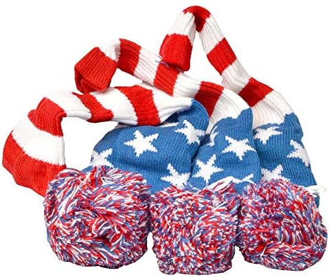 GOOACTION3PCS Golf Knitted Head Covers 1-3-5 for Driver and Fairway Woods with Pom Pom and Long Neck Sock Design Universal Vintage American Stars and Stripes Flag Golf Club Patriotic Headcovers Set