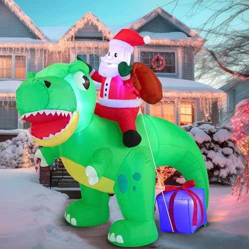 Joiedomi 6 FT Weihnachten aufblasbare Dinosaurier mit Build-in-LEDs, Blow Up Dinosaurier mit Santa für Weihnachten aufblasbare Outdoor-Dekoration Xmas Party Indoor, Outdoor, Rasen Winter Dekoration