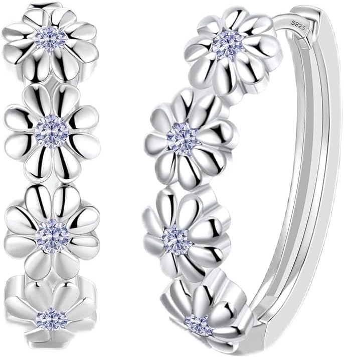 Daisy Flower Earrings For Women, Birth Flower Birthstone Hoop Earrings For Daughter Mother Mom, Sterling S925 Silver, I Think Of You Every Daisy