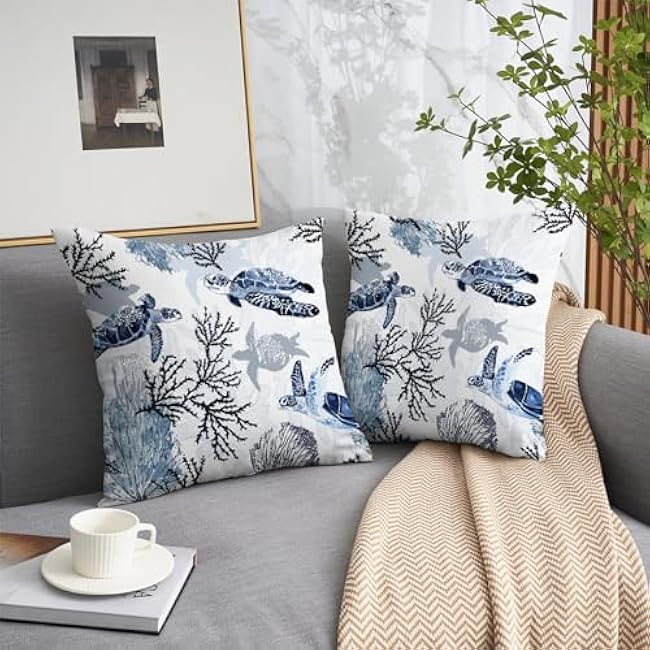 weesire Nautical Coastal Throw Pillow Covers Set of 2 Beach Themed Ocean Coral Sea Turtle Decorative Pillow Cases Outdoor Sofa Cushion Cover for Bedroom Living Room, 18x18, Blue