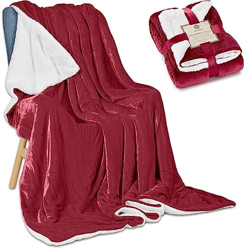 Genteele Sherpa Blanket - 50 x 60 Inch Fuzzy, Super Soft Throw Blankets for Couch, Bed & Sofa - Cozy, Plush Reversible Fleece Blanket Alternative - Rich Burgundy Red/White