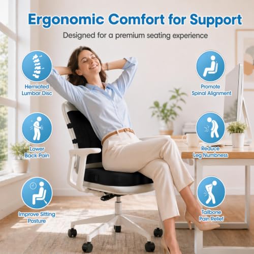 Image of CloudBliss Lumbar Support Pillow & Seat Cushion Set for Office Chair, Desk Chair, Wheelchair & Car-Memory Foam Back Support,Ergonomic Chair Cushions,Sciatica Pain Relief,Home Essentials(Black,XL)