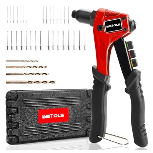 WETOLS Rivet Gun with 120 Pcs Rivets, Manual Rivet Gun Kit with 4 Manual Interchangeable Rivet Heads and 4 Twist Drills Attached, Sturdy Blow Molded Case WE-888