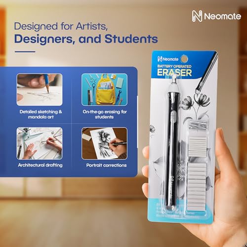 Image of Neomate Slim Battery-Operated Automatic Eraser | Includes 22 Refills and 2 Eraser Holders | Portable Electric Eraser for Precision Drawing & Sketching (Batteries Not Included)