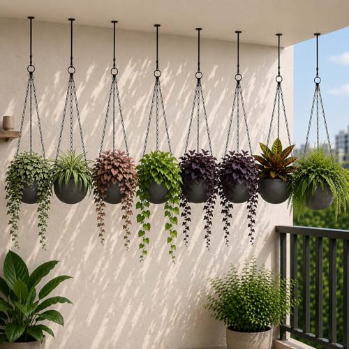 Image of Go Hooked Henri Hanging Planter Pot for Indoor & Outdoor Plants Pack of 8 | 7 Inch Plastic Hanging Pots with Metal Chain | Decorative Round Hanging Planter for Balcony, Garden & Home Decor (Grey)