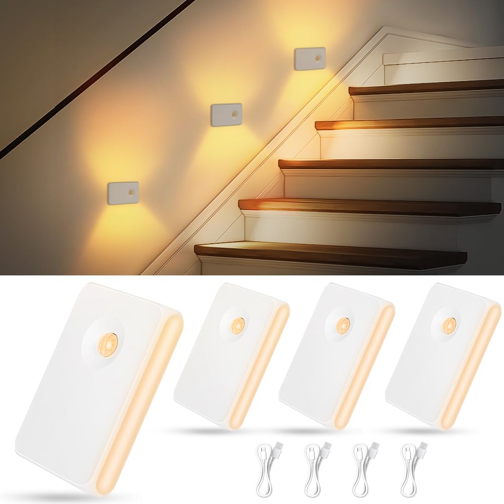 AUAUY 4 Pack Motion Sensor Stair Lights Indoor, USB Rechargeable Stair Lights (Auto/ON/Off), Wireless Night Light with Adjustable Brightness, Magnetic Stick on Light for Wardrobe, Stairs, Hallway