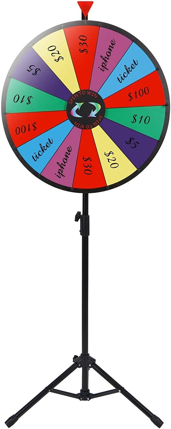 24" Prize Spinning Wheel with Stand Dry Erase Marker & Eraser Height Adjustable 14 Slots Color Fortune Awarding Games for Carnival Casino Trade Show