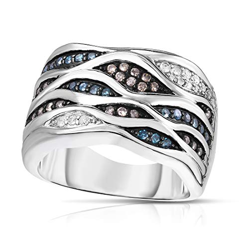Femme Luxe Monique Embellished Cigar Ring - 0.50 Carat Blue, White and Brown Diamonds in Rhodium Plated 925 Sterling Silver, Size 7, Hypoallergenic