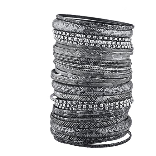 Lux Accessories Burnished Silver Tone Boho Tribal Aztec Textured Multiple Bangle Set