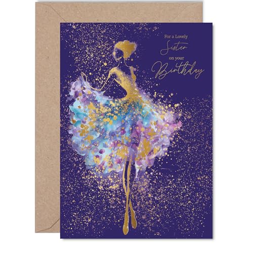 Biglietto di auguri di compleanno per sorella dorata, ballerina danzante,