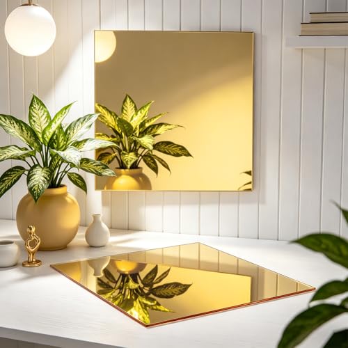 Image of BENECREAT 2Pcs 12x12 Inch Acrylic Mirror Sheets, 1 /8 Inch(3mm) Square Flexible Mirror Sheets with Film Attached for Engraving Wall Decor DIY Crafts, Gold