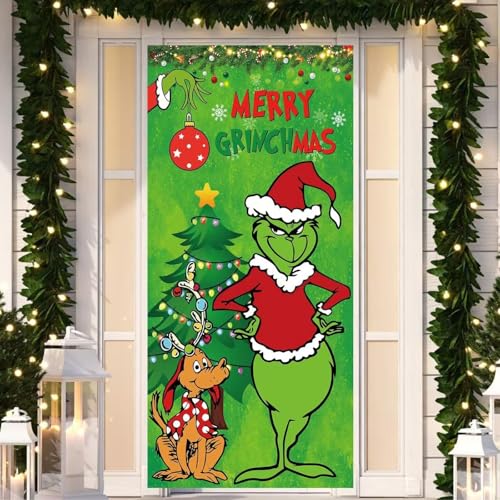luoshuangfei Cortina de puerta de Navidad, telón de fondo de pancarta de Grinch, decoraciones de vestíbulo, escenario navideño. (verde-b)