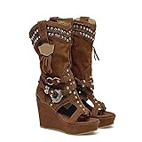 UniqueStride Women's Cowgirl Boots Western Cowboy Mid Calf Boot Wedge Sandals Heels Buckle Studded Fringe Suede Vintage Boho Flip Flop Boots(Brown, US size 8.5)