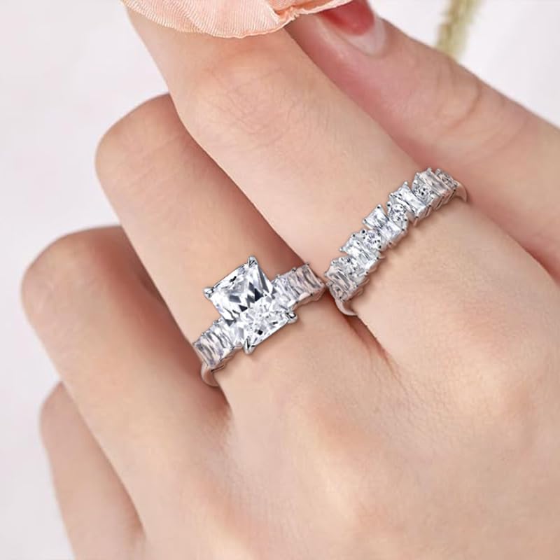 VOLUKA Solid 925 Silver CZ Promise Ring Set White Gold Plated Cubic Zirconia Wedding Engagement Ring For Women Trendy Rectangular Cut Ring - Image 7