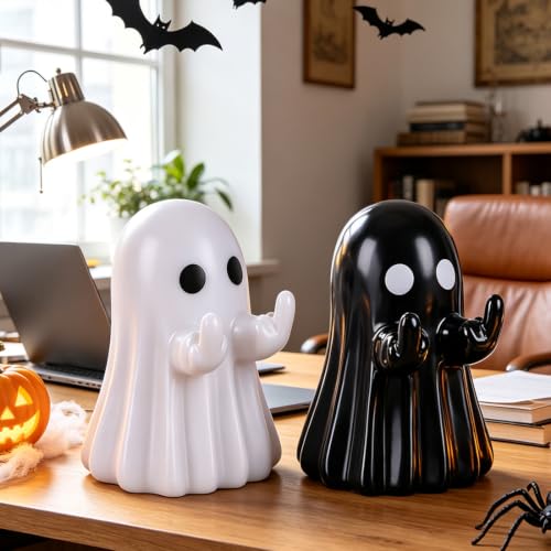 Bomivix 2pcs Halloween Ghost Figurines, Cute Tabletop Ghost Halloween Decorations, Adorable Resin Ghost Statues for Home Office Shelf Mantel Holiday Party Décor - image 1