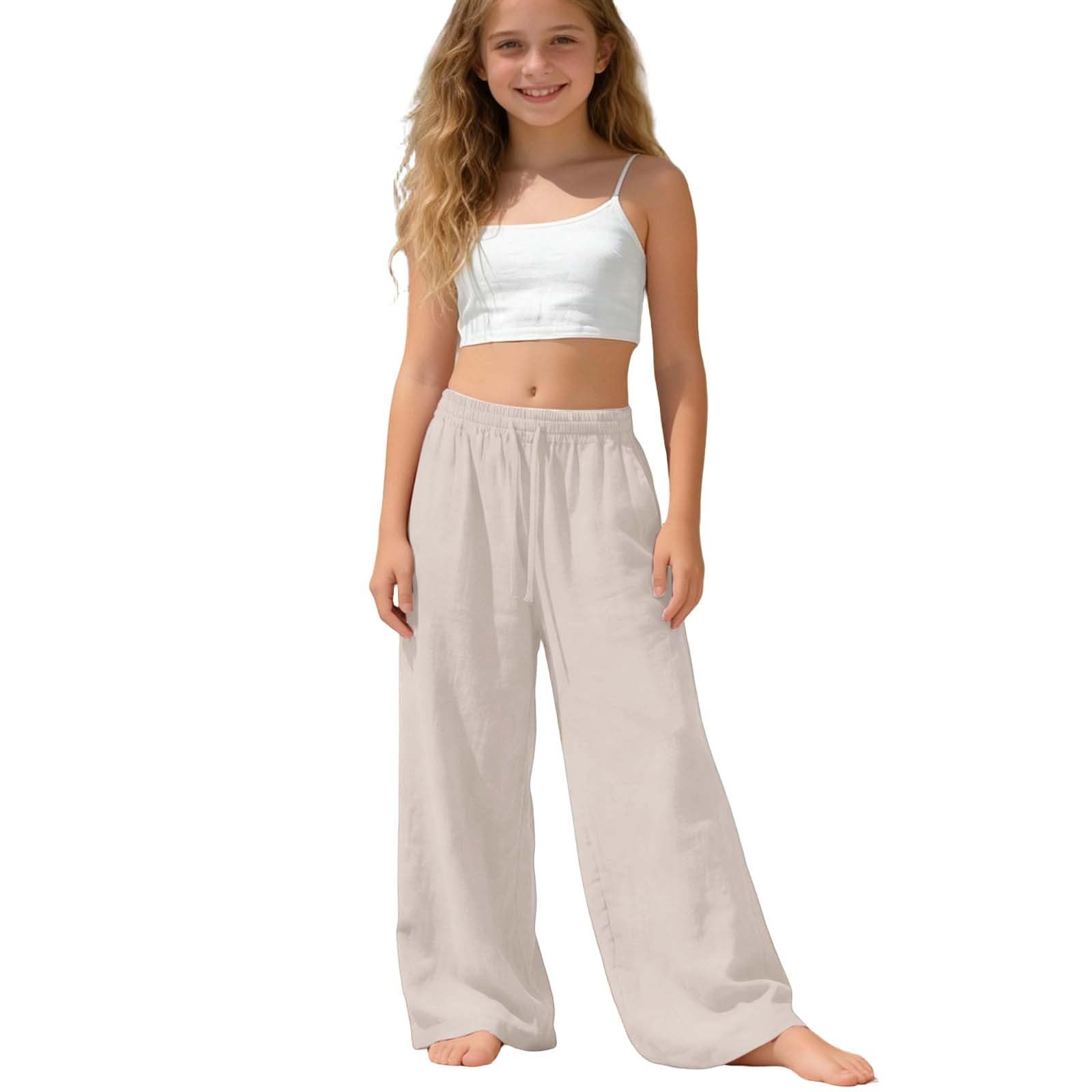 pvucpot Pantalon Fille Fluide Palazzo pour Ado Cordon de Serrage Fente au Bas Taille Élastique Long Décontracté Jambes Larges Confort Pantalon Ample pour Enfant Filles