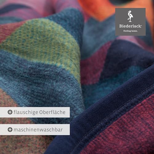 biederlack® flauschig-weiche Kuscheldecke aus Baumwollmischgewebe I Made in Germany I nachhaltig produziert I Bunte Wohndecke „Color Squares Blue“ in grün-blau I Öko-Tex I Sofa-Decke 150x200cm