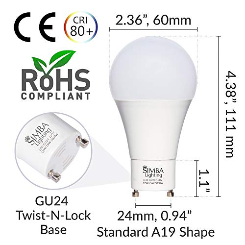 Simba Lighting Led Gu24 A19 Light Bulb 12W 75W To 100W Replacement (4 Pack) 120V 2 Prong Twist And Lock Base For Ceiling Lights, Pendants, Outdoor Lanterns, Floor Lamps, Non-Dimmable, 5000K Daylight #TOP1