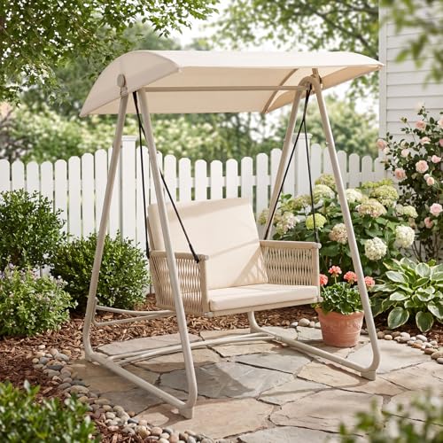 Image of Patio Swing with Adjustable Canopy, Single Seat Khaki | Heavy-duty triangular steel stand frame,Weather-resistant materials for outdoor use, backyard, porch, patio, garden, and lawn