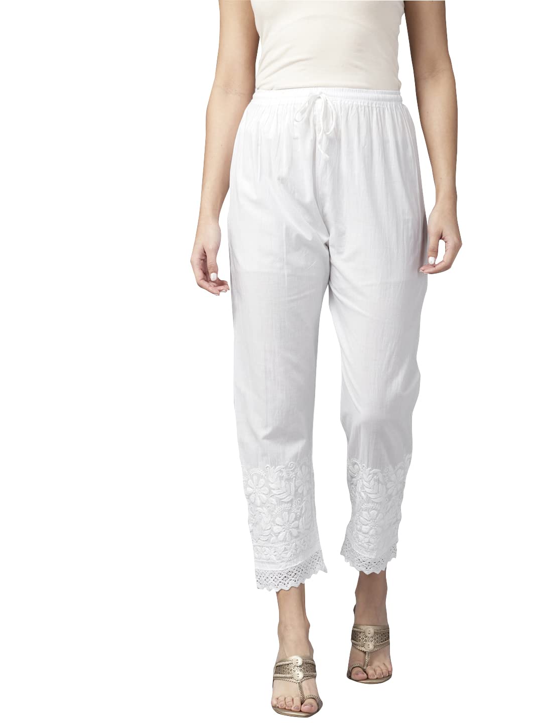 Hand Embroidered Lucknowi Chikankari White Cotton Straight Pant Palazzo Trouser for Women A711152-image-26