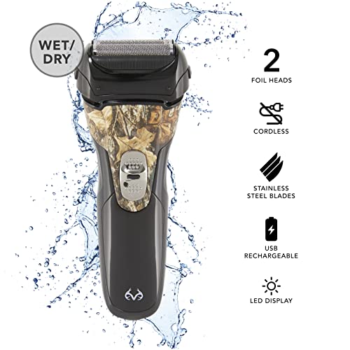 Realtree Premium Electric Shaver For Men’s Beard Shaving, Trimming, And Grooming, Cordless, 2 Blade Foil Shaver, Stainless Steel, Usb Rechargeable With Lithium Ion Battery, Wet/Dry Use, Led Display #TOP2