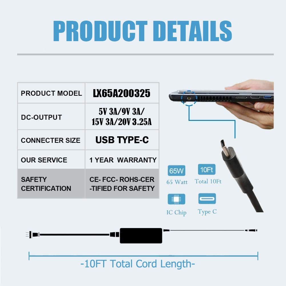 65W USB-C Laptop Charger Compatible with Dell XPS Latitude 5000 Series Laptop Cord