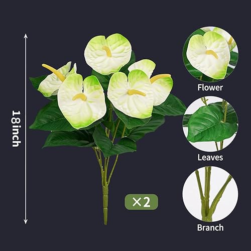 Miniatura 3 de Melorca&Guilla Plantas artificiales para exteriores, 2 piezas de 18 pulgadas, flores falsas de anturio verde, plantas de interior para tienda,