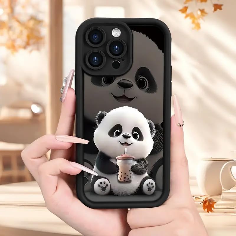 Image of COVERLY Panda Pattern Back Case Cover for iPhone 12 Pro | Hot Teddy Boba Tea Cute Design | Camera Lens Protection | Soft TPU Silicone Drinking Coffee Print Cover for Girls & Women (Black, Shockproof)