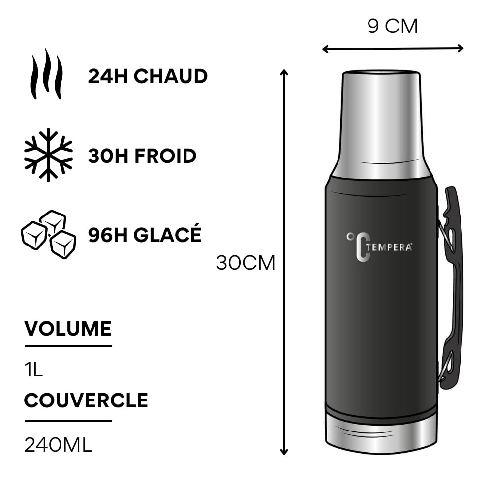 TEMPERA Mate-Thermoskanne – 1 L | Doppelwandiger Edelstahl, BPA-frei | Kalebasse/Becher (240 ml) | Hält 24 Std. heiß, 30 Std. kalt | Präzisionsausgießer mit Druckknopf | Mate – Tee – Kaffee