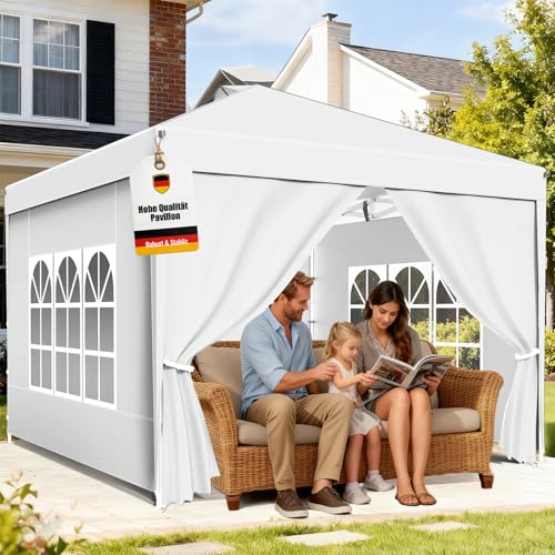 Tonnelle de Jardin 3x3m,Tente Pliante de Exterieur avec 4 Côtés、4 Sacs de Sable、Sac de Transport,Tonnelle Pliante Imperméable，Anti UV，Hauteur...