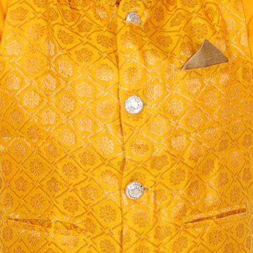 Image of Superminis Boy's Cottton Kurta Cotton Brocade Printed With Golden Thread Work Nehru Jacket and Elastic Closure Pyjama Set