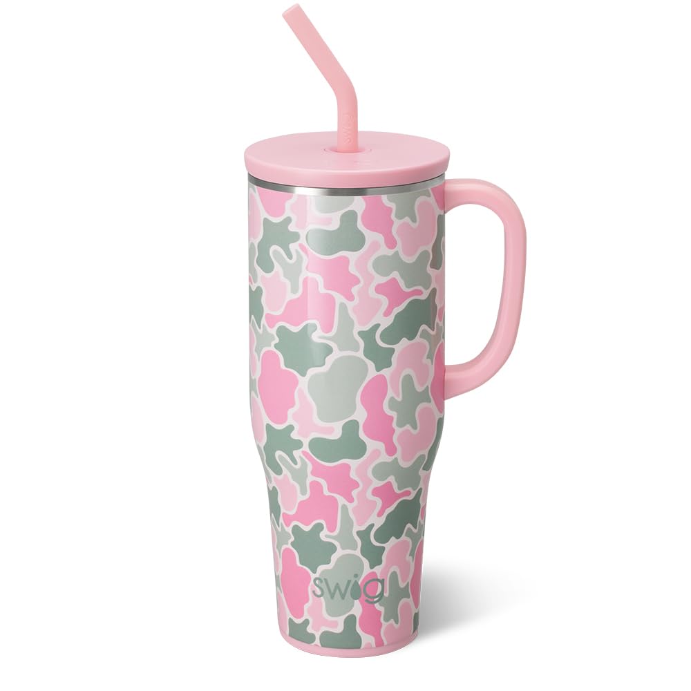 Swig Life Grande tasse de 1200 ml, gobelet de 1200 ml avec poignée et paille, gobelets isothermes, très grand format, adapté aux porte-gobelets, tasse de voyage (camouflage pâle)