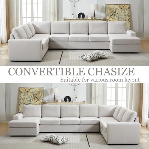 Image of Ball & Cast 147 inch L-Shaped Sectional Couch for Living Room with Reversible Chaise & Removable Back Cushions,7 Seat Linen Upholstered Convertible Sectional Sofa Set,DIY Combination,for Home,Office,Beige