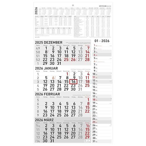 Zettler 4-Monatskalender Kombi 2026 Wandkalender 33 × 59 cm mit Datumsschieber 4 Monate pro Blatt Extra-Streifenkalendarium für Notizen Monatsübersicht Dez. 2025Jan. 2027 Ferien & Feiertage