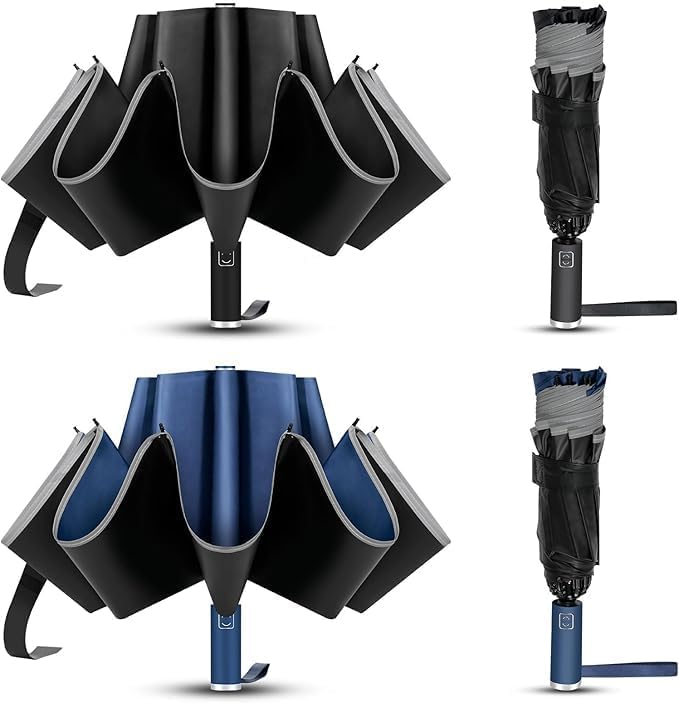 2-Pack Automatic Travel Umbrella - Unbreakable 10 Fiberglass Ribs, Windproof Inverted Umbrella with Reflective Strip, Lightweight Compact Folding Umbrella for Men & Women