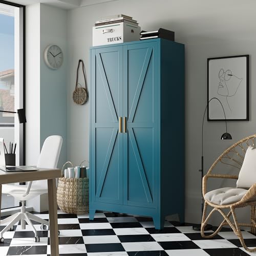 Image of Bevivog 61 inch Farmhouse Metal Storage Cabinet with 2 Doors and 3 Adjustable Shelves, Tall Bathroom Cabinet Freestanding, Blue Metal Pantry Cabinets for Kitchen, Living Room, Home Office